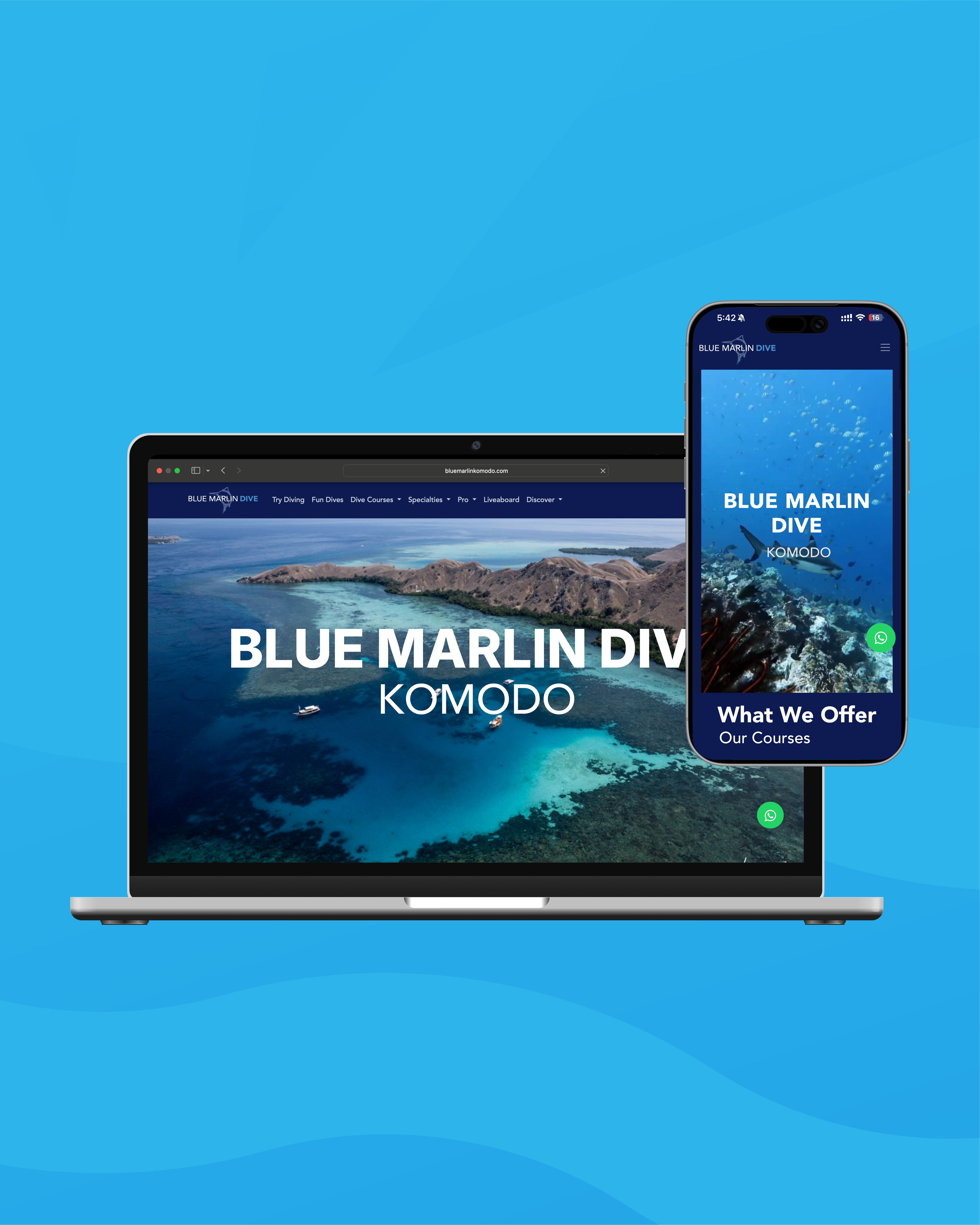 Blue Marlin Komodo website design — desktop and mobile views
